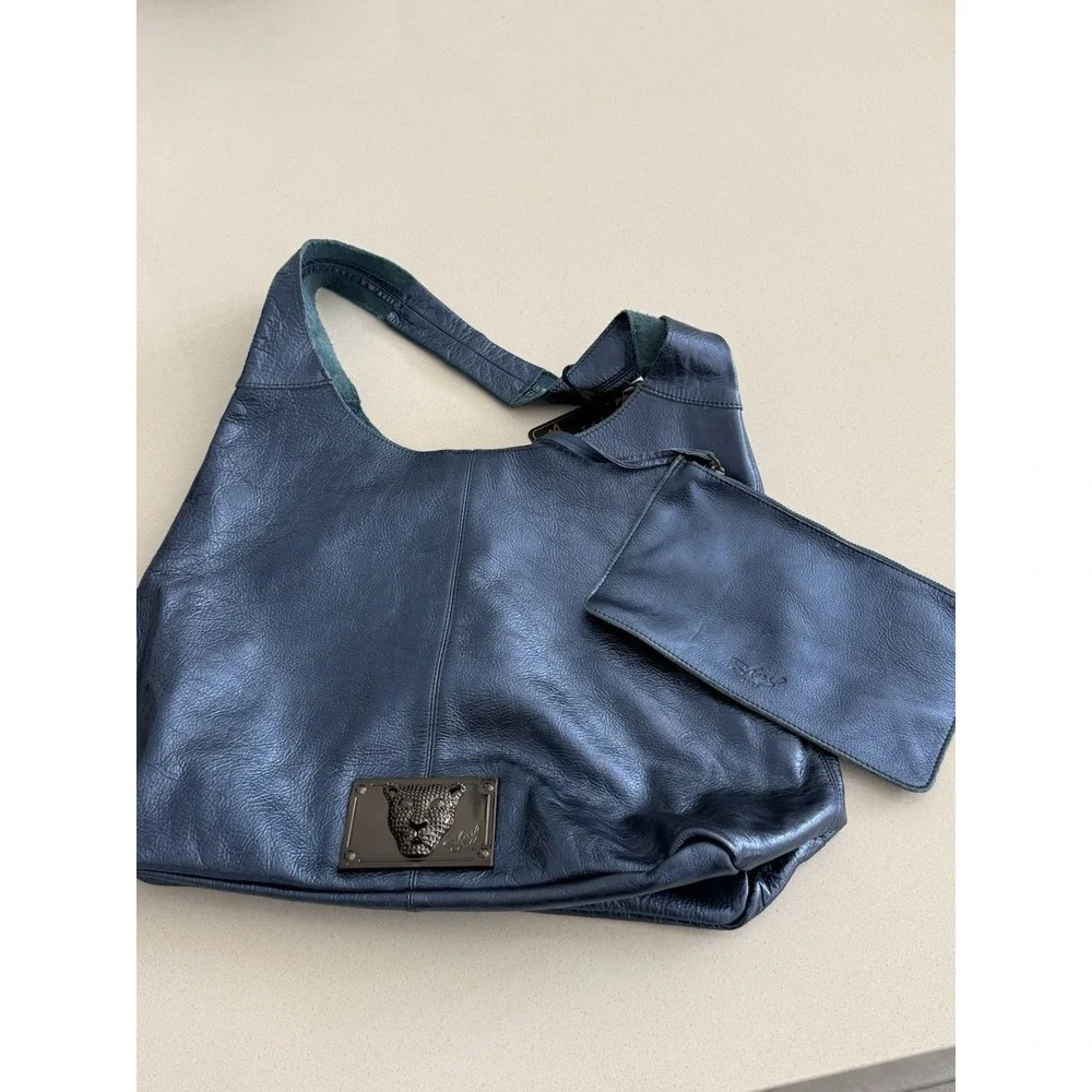 Sharif Legacy Pearlized Slouchy Leather Hobo with Wristlet Metallic Blue NWT